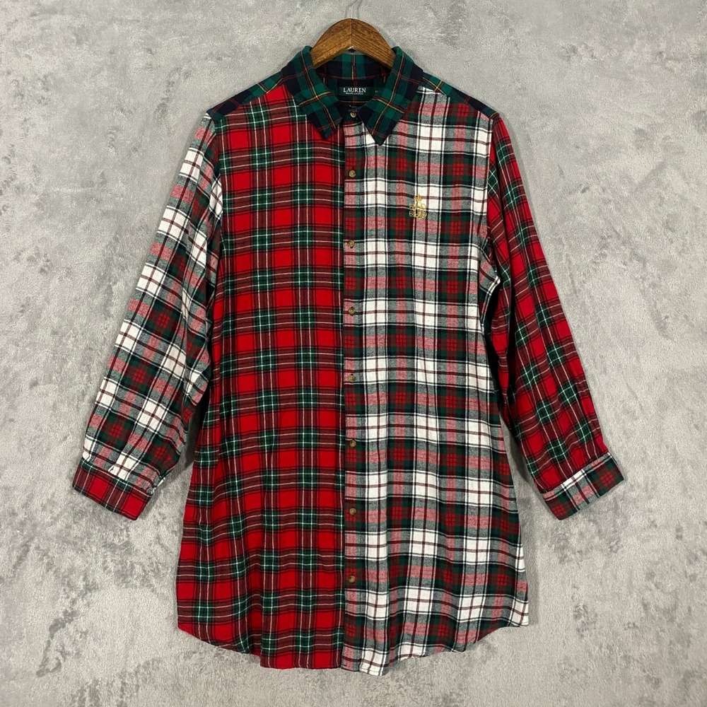 LRL Ralph Lauren Sleepshirt Nightgown Sz XL Mixed Plaid Flannel Colorblock Crest